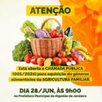 Chamada Pública 001/2024 para aquisição de gêneros alimentícios da Agricultura Familiar.